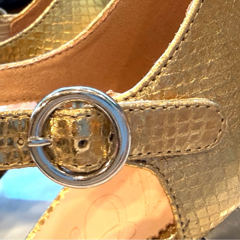 J Crew Millie maryjane heels, snake-embossed gold leather, silver cap toes,8.5 - Picture 8 of 16